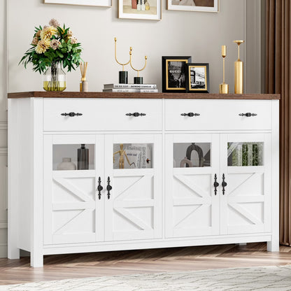 Homfa Farmhouse 55.1"WKitchen Buffet Cabinet with Storage Drawer & Adjustable Shelf, Glass Door Wood Sideboard Credenza Coffee Bar with for Dining Room Living Room, White & Black