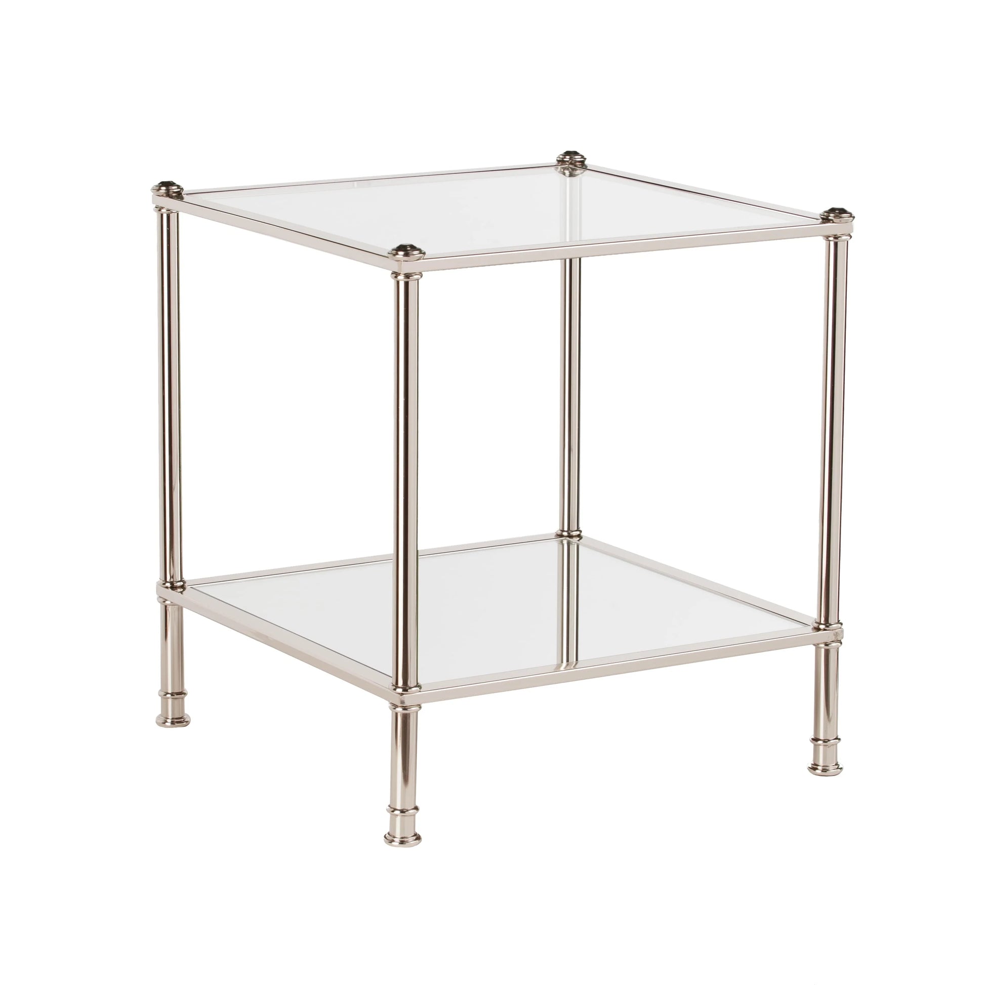Ember Interiors Parell Glam Metal and Glass End Table, Metallic Silver