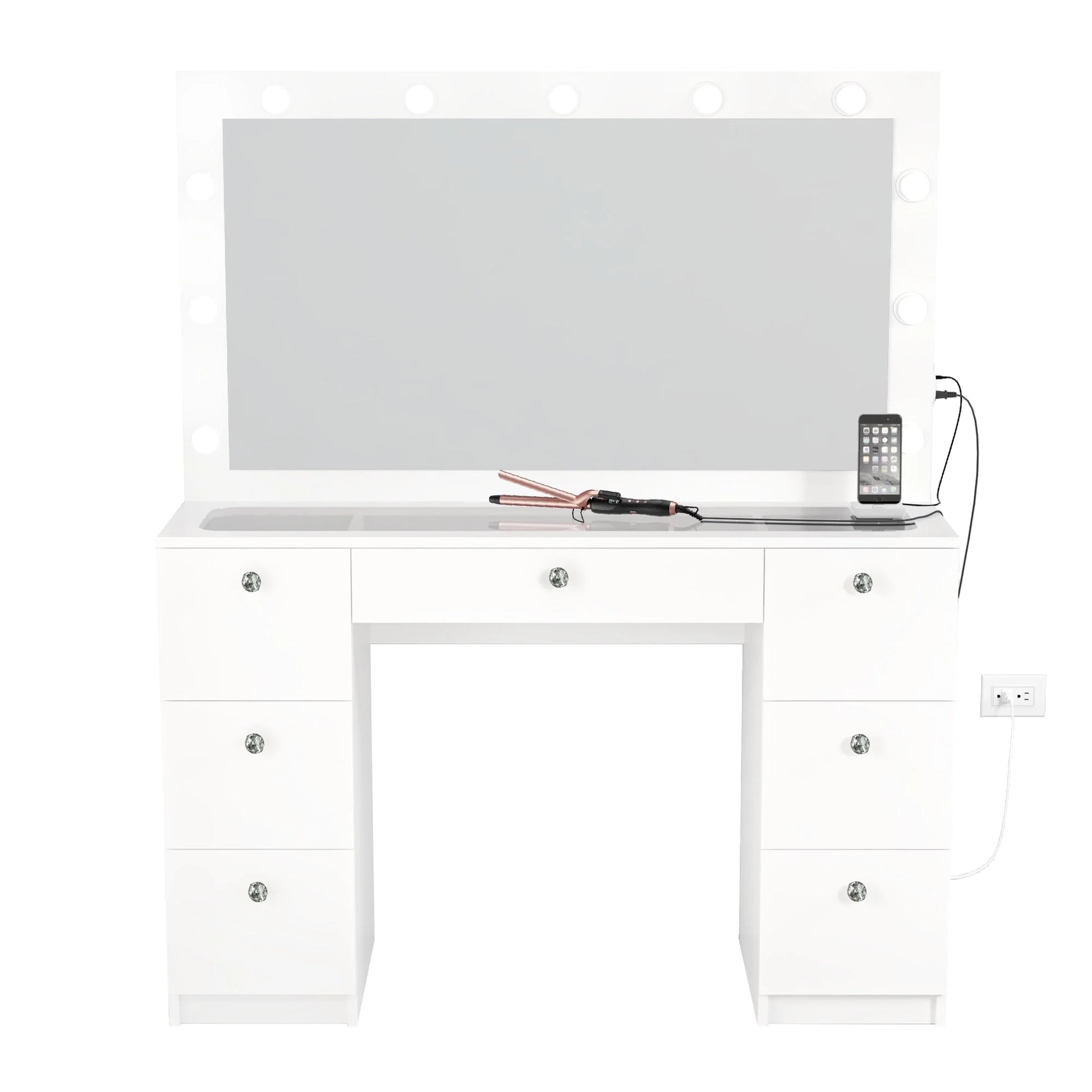 Ibbie Modern Vanity Table 7 Drawers Lights Mirror Crystal Knobs Glass Top White Painted for Bedroom