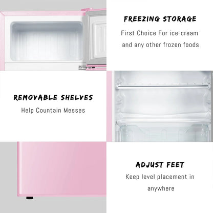 Kcpolre Pink Mini Fridge with Freezer 3.2 Cu.ft Refrigerators, Adjustable Glass Shelves, Quiet Dual Door Dorm Fridge for Bedroom, College, Office