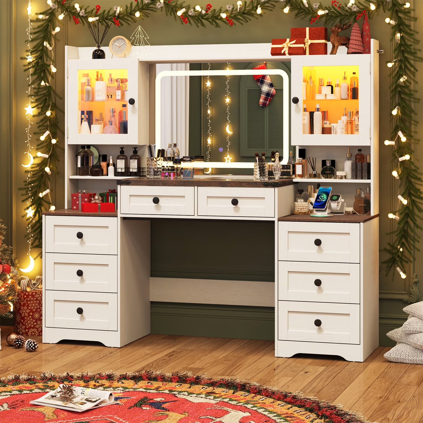 ANPOO 60" Farmhouse Vanity Desk with Outlet, Mirror Lights, Tempered Glass Top, Big Makeup Vanity Table with 2 RGB Glass Cabinets, 60000-color LED Lights, Wood Makeup Desk for Women, Girls, Brown