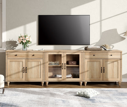TV Stand for 100 Inch TV, 3-in-1 TV Console Table for 75/80/85/90 Inch TV, Farmhouse Entertainment Center with Glass & Wooden Door, Kitchen Sideboard Buffet Cabinet for Dining Room, Oak