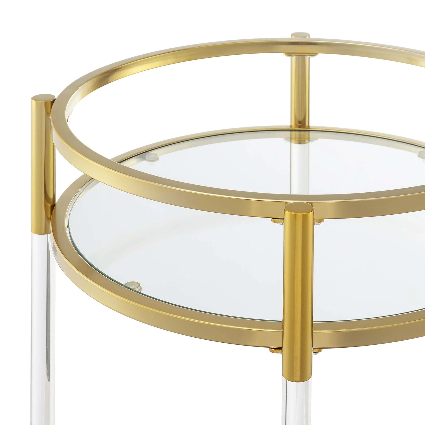 Royal Crest Two-Tier Acrylic Round Bar Cart in Clear Glass with Gold Metal Frame