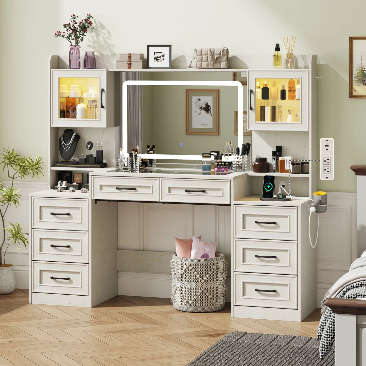 ChVans 62'' Large Vanity Desk with Tempered Glass Top & Charging Station, Farmhouse Makeup Vanity with 8 Storage Drawers & 2 LED Glass Storage Cabinets & 3 Lights Mode LED Mirror for Women Gift