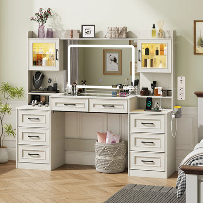 ChVans 62'' Large Vanity Desk with Tempered Glass Top & Charging Station, Farmhouse Makeup Vanity with 8 Storage Drawers & 2 LED Glass Storage Cabinets & 3 Lights Mode LED Mirror for Women Gift