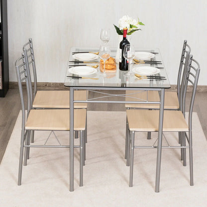 Costway 5 Piece Dining Set Table and 4 Chairs Glass Top Kitchen Breakfast Furniture Brown