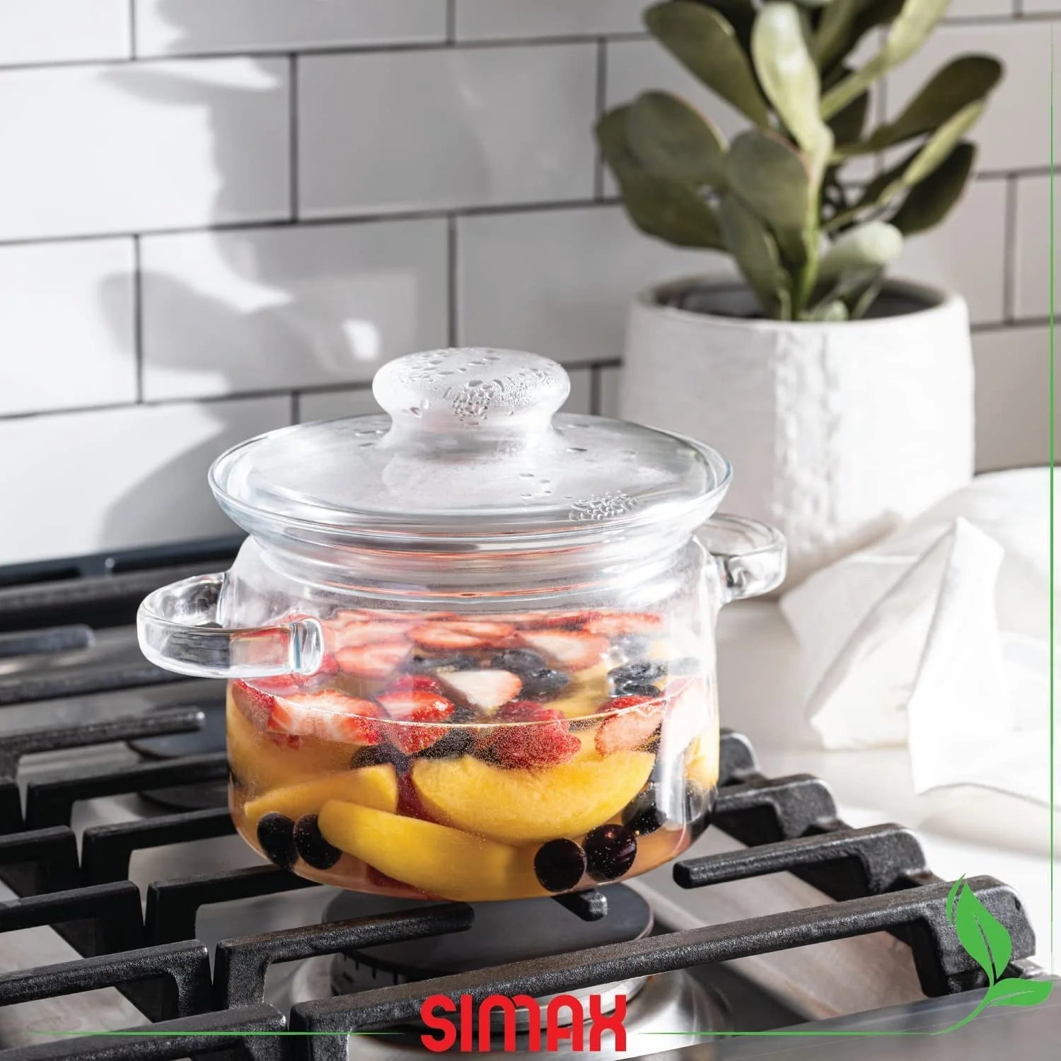 Simax Glassware 1.5 Quart Glass Pot With Lid | Heat Resistant Handles Doubles as Serving Dish - Made from Oven, Microwave, Stove and Dishwasher Safe Borosilicate Glass Small Glass Pot