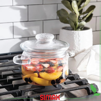 Simax Glassware 1.5 Quart Glass Pot With Lid | Heat Resistant Handles Doubles as Serving Dish - Made from Oven, Microwave, Stove and Dishwasher Safe Borosilicate Glass Small Glass Pot