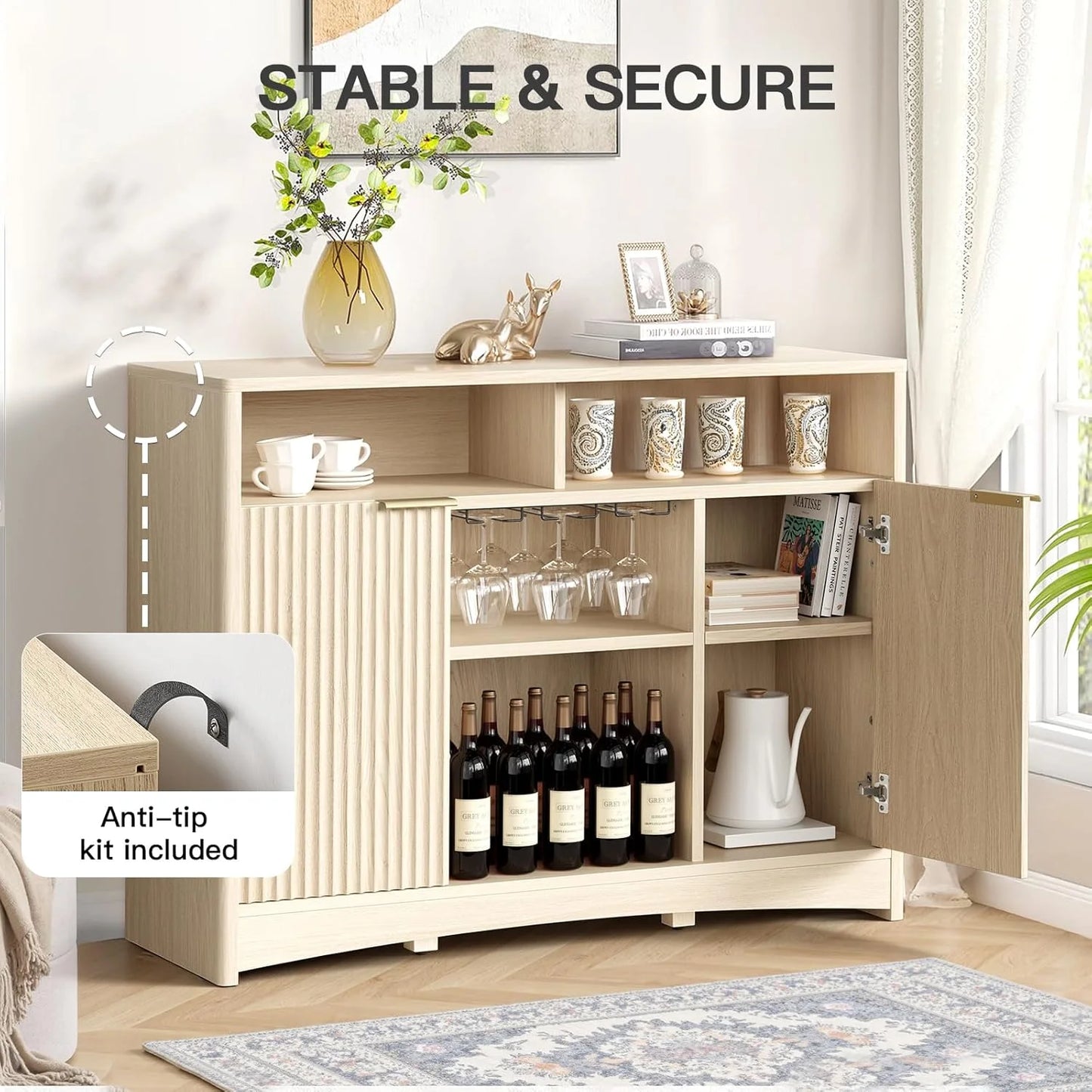 Amada 47.2" Wine Bar Cabinet for Liquor and Glasses, Modern Fluted Wood Coffee Bar Cabinet with Wine & Glass Rack, Buffet Sideboard with Adjustable Shelves for Home Dining Room Kitchen, Natural Oak