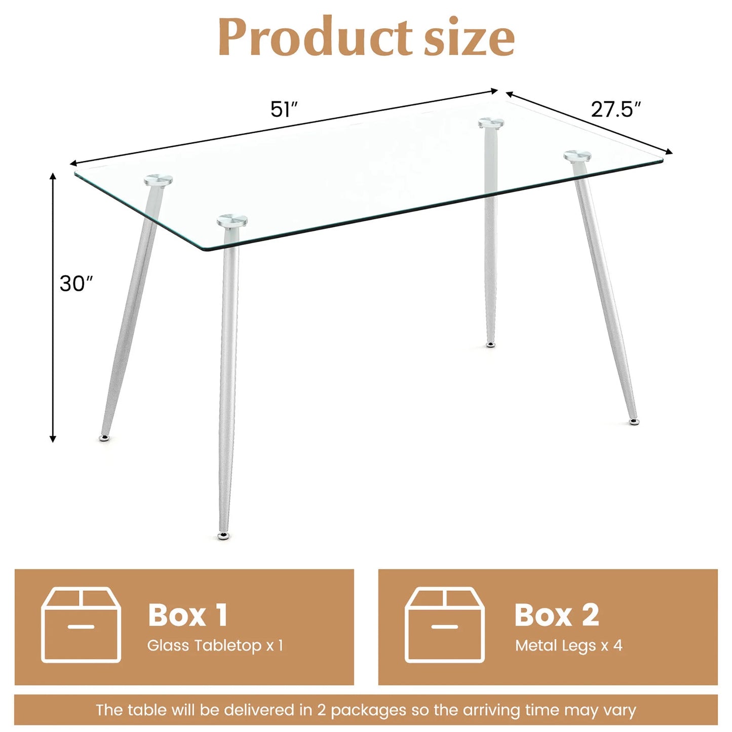 Gymax Modern Glass Dining Table Rectangular Dining Room Table W/Metal Legs For Kitchen Silver