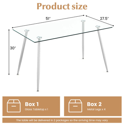 Gymax Modern Glass Dining Table Rectangular Dining Room Table W/Metal Legs For Kitchen Silver
