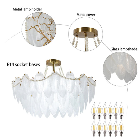 Miumaeov 12-Light Large Glass Chandelier Round Nordic-Feather Pendant Lamp Luxury Hanging Lamp for Living Room Kitchen Island D31.5 X H25.6