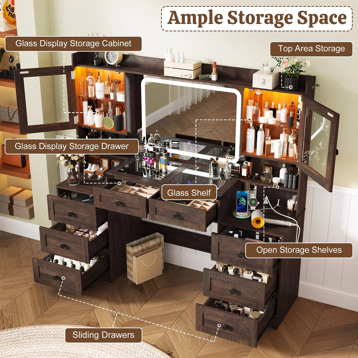 ANPOO 60" Farmhouse Vanity Desk with Outlet, Mirror Lights, Tempered Glass Top, Big Makeup Vanity Table with 2 RGB Glass Cabinets, 60000-color LED Lights, Wood Makeup Desk for Women, Girls, Brown