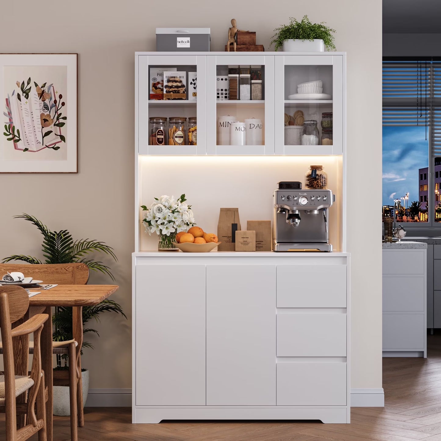 Homfa 70.9'' Kitchen Pantry Cabinet with Charging Station and LED Light, 3 Drawers Buffet Storage Cabinet with Glass Doors and Adjustable Shelves, White