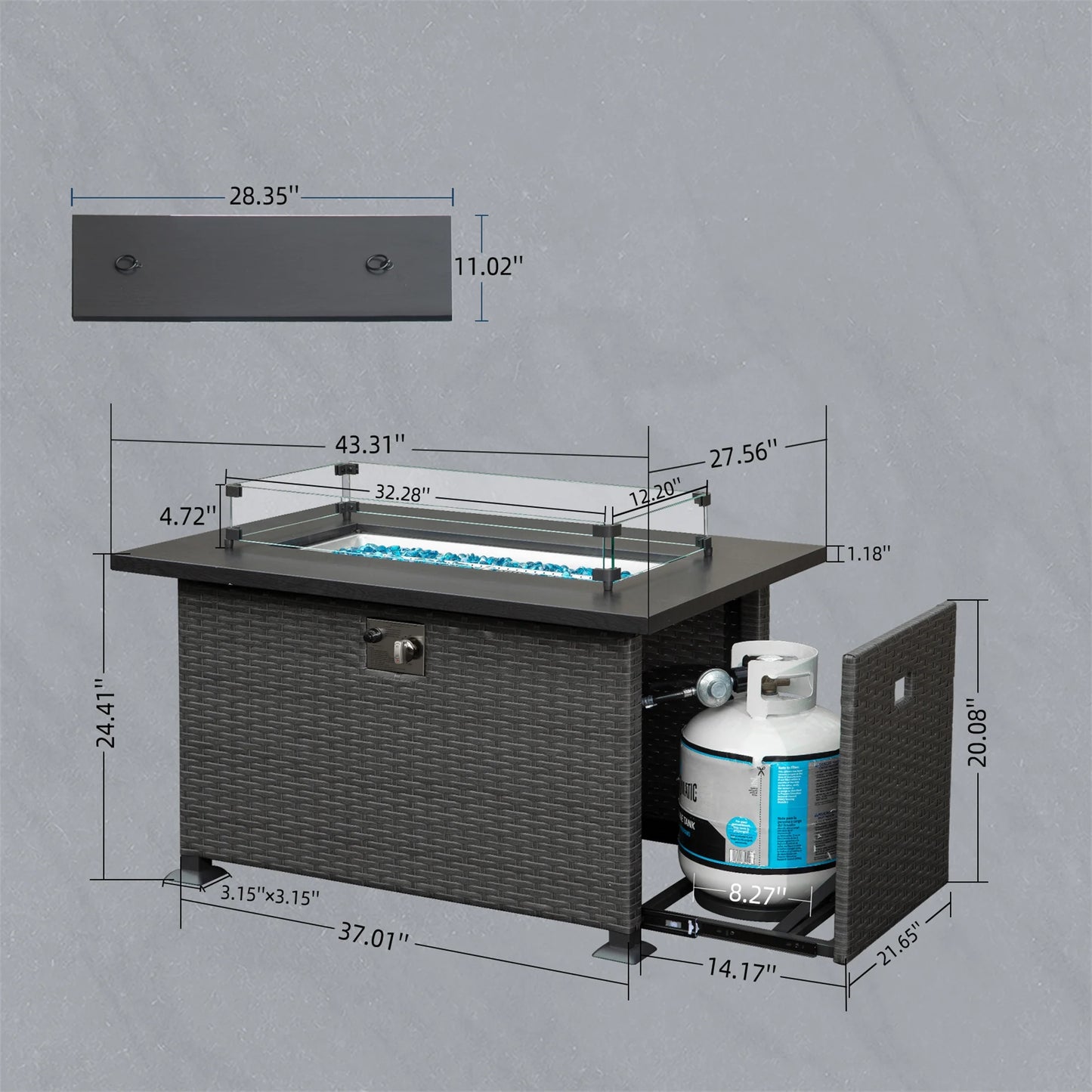 Outdoor Gas Fire Pit, SYNGAR 43 inch 50,000 BTU Auto-Ignition Propane Fire Pit Table with Glass Wind Guard, Volcanic Stones and Lid, 2-in-1 Fire Pit Table for Patio, Garden, Backyard, Deck, Poolside