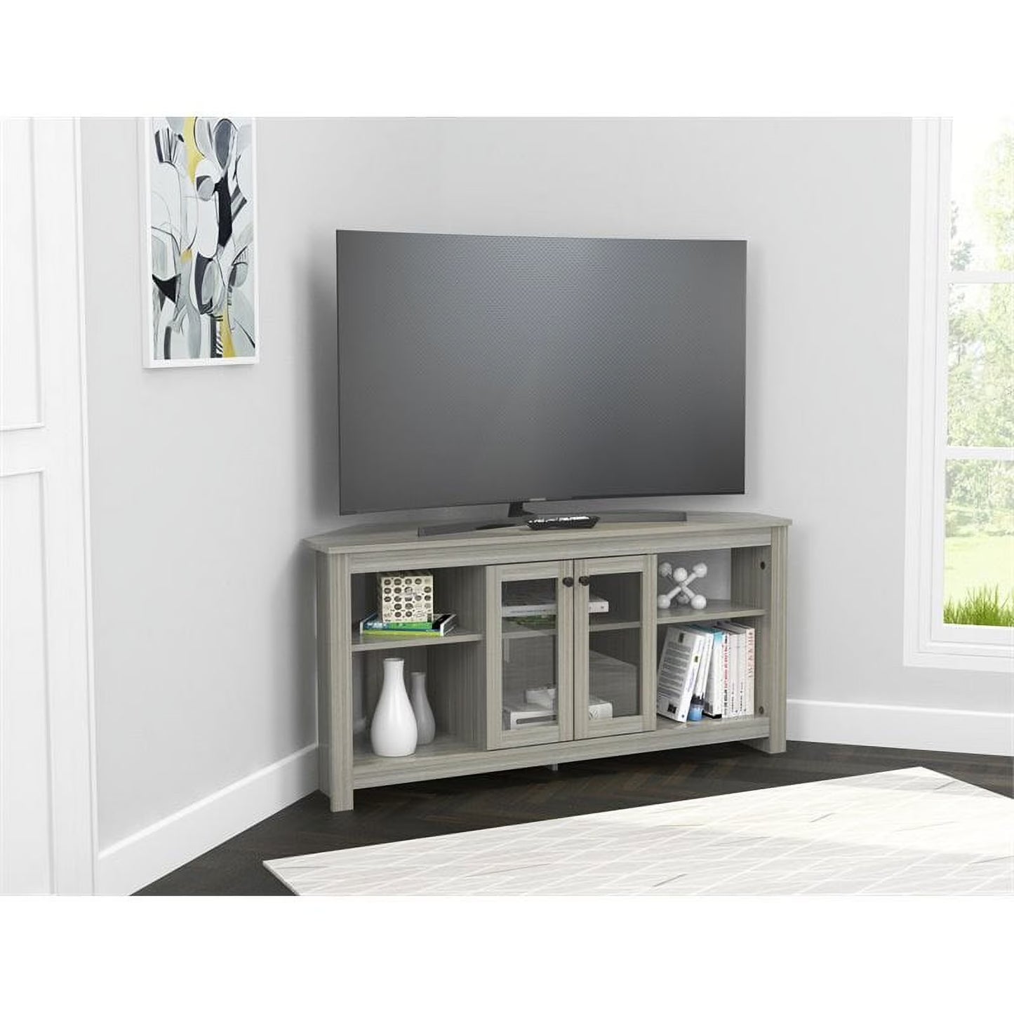 Inval Corner Laminate 60° TV Stand with Glass Doors, White