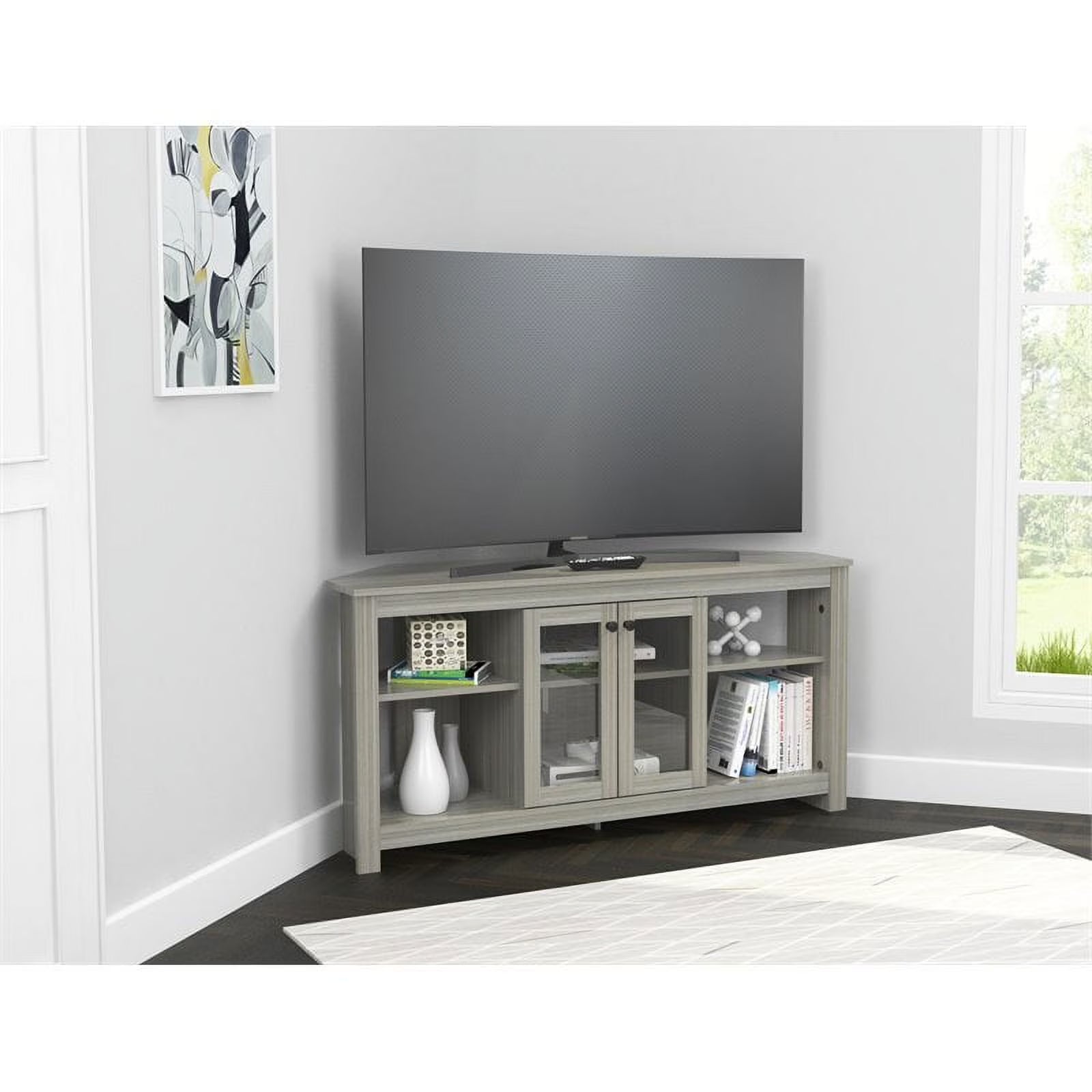 Inval Corner Laminate 60° TV Stand with Glass Doors, White