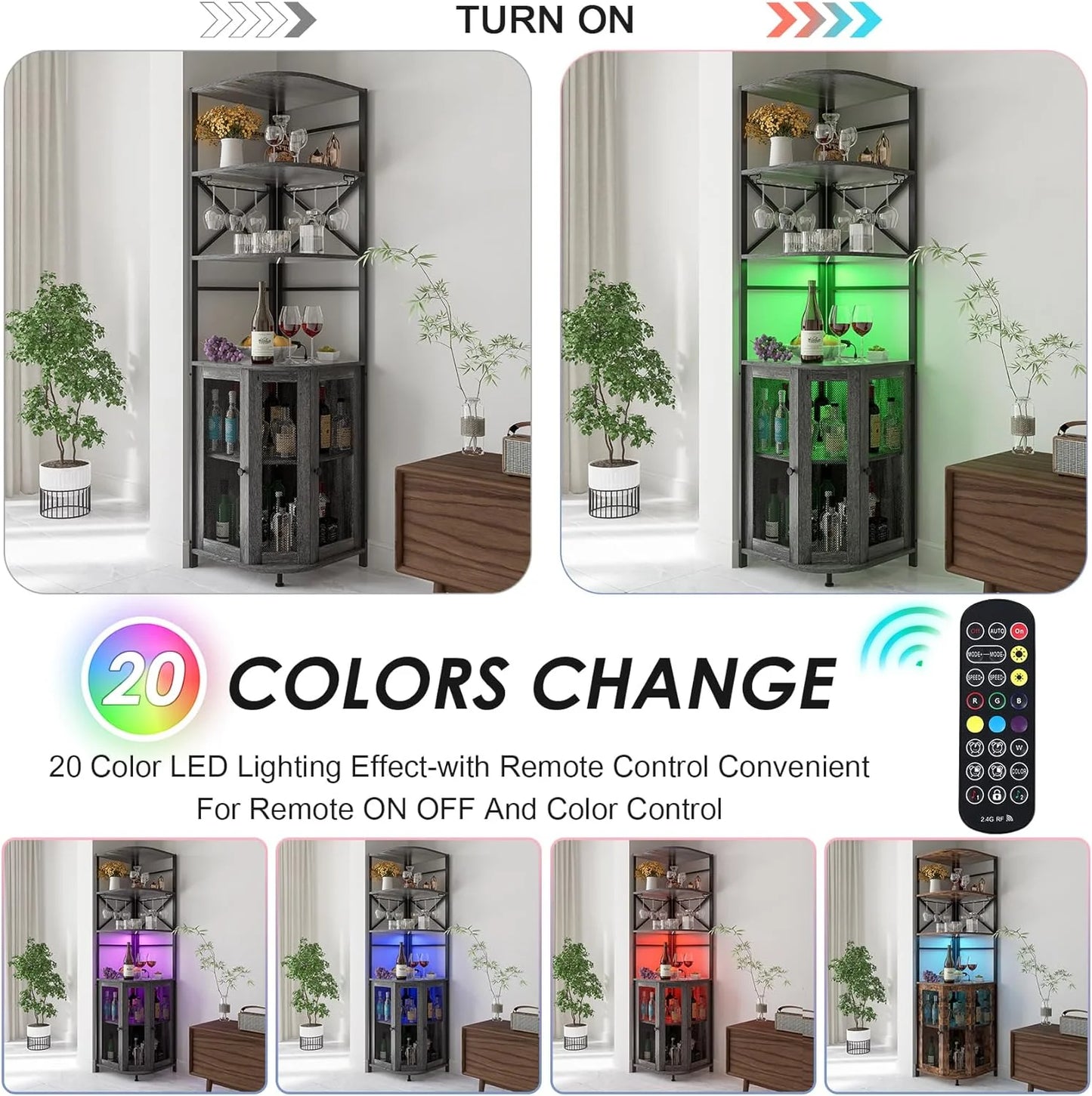 Frmobepts Corner Bar Cabinet with Power Outlet, 6-Tiers Industrial Wine Cabinet with LED Strip and Glass Holder for Living Room, Kitchen, Grey