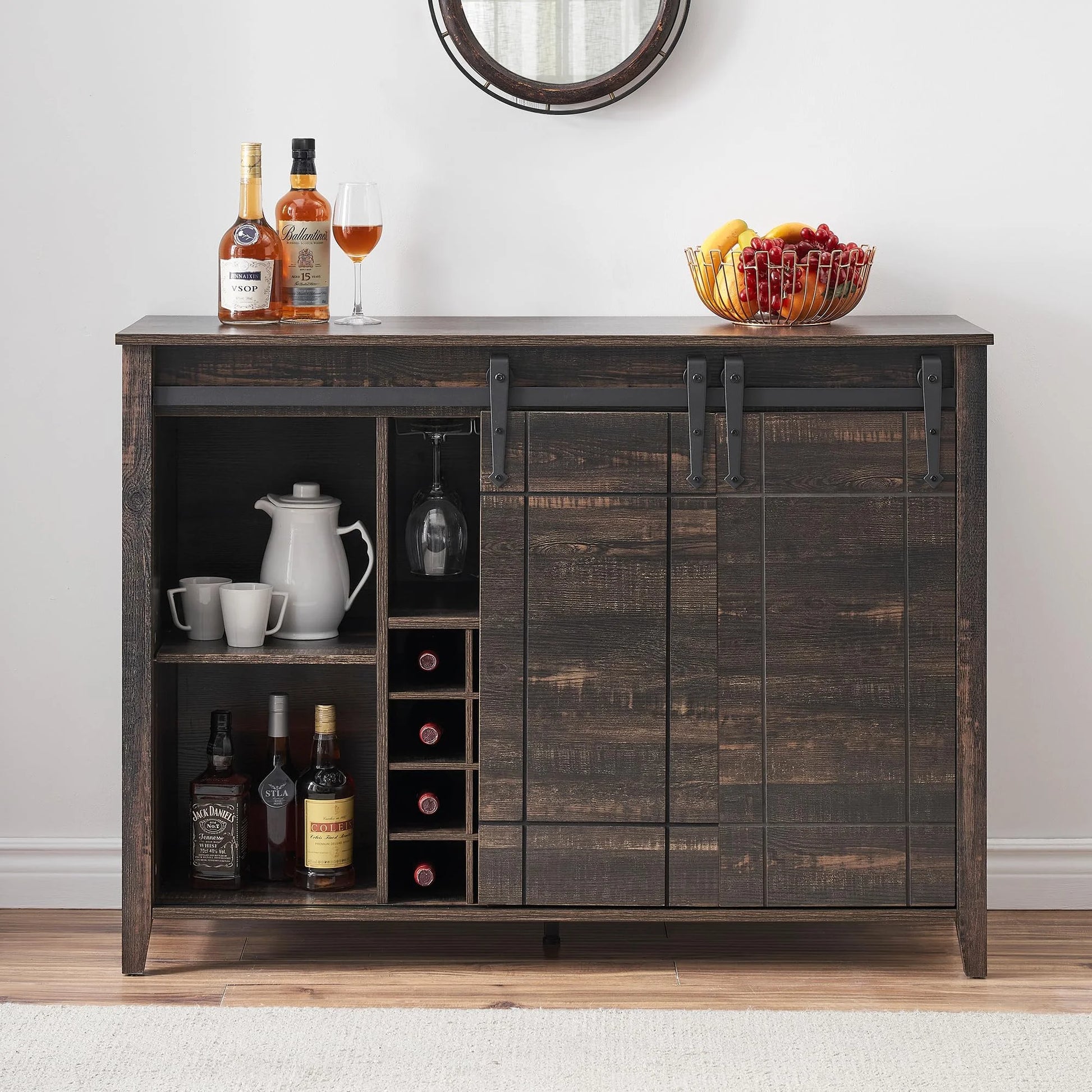 DSstyles 47" Coffee Bar Cabinet w/16 Wine & Glass Rack, Storage Shelves Farmhouse Wine Bar Cabinet w/Sliding Barn Door Rustic Large Buffet Sideboard Cabinet for Dining Room