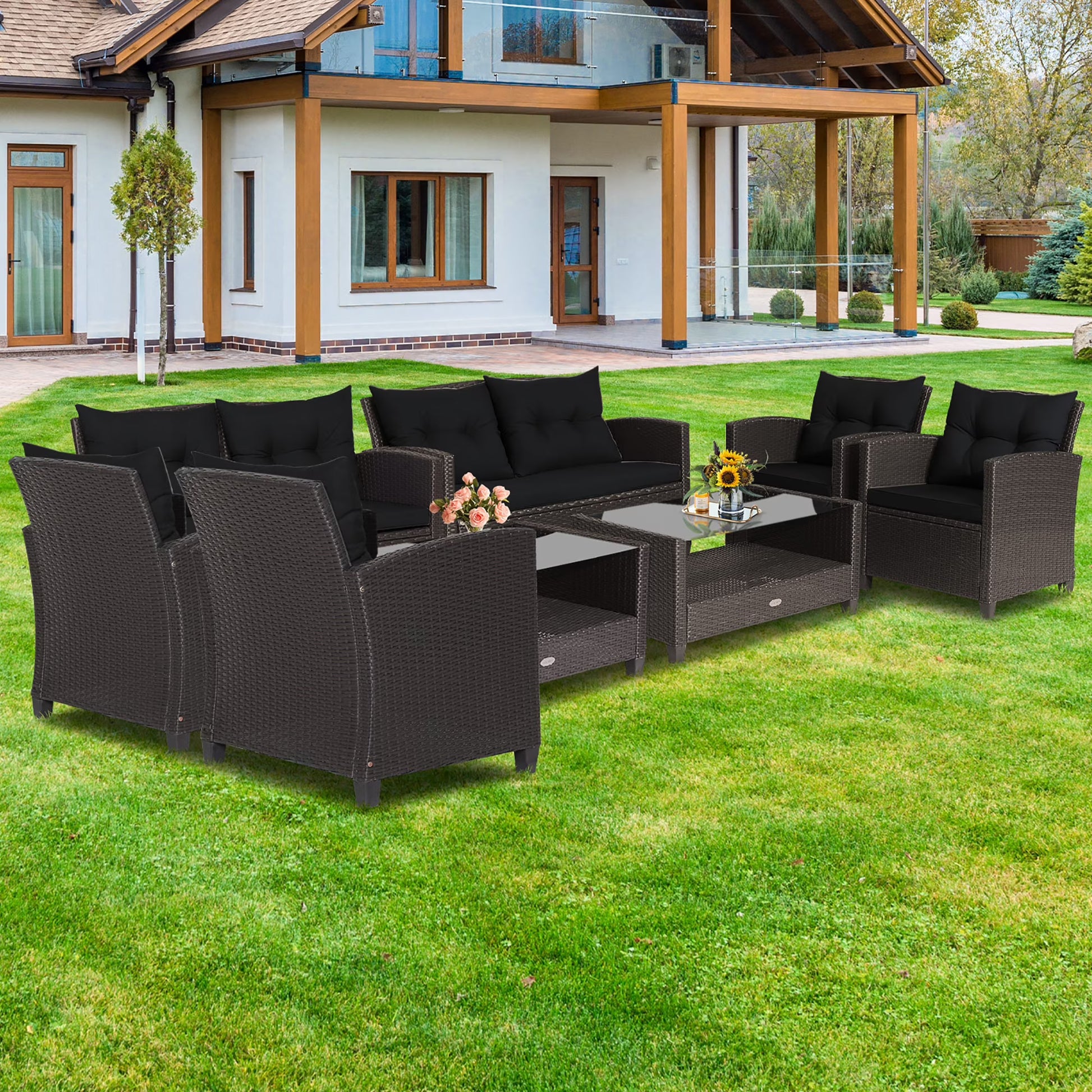 Costway 8 PCS Patio Rattan Furniture Set Glass Table Shelf Sofa Cushion Turquoise