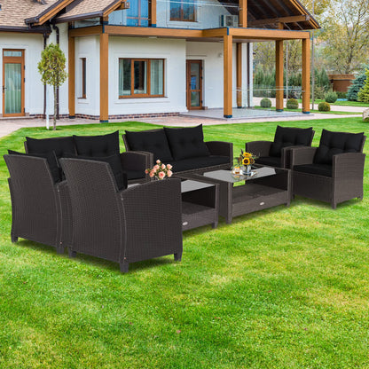 Costway 8 PCS Patio Rattan Furniture Set Glass Table Shelf Sofa Cushion Turquoise