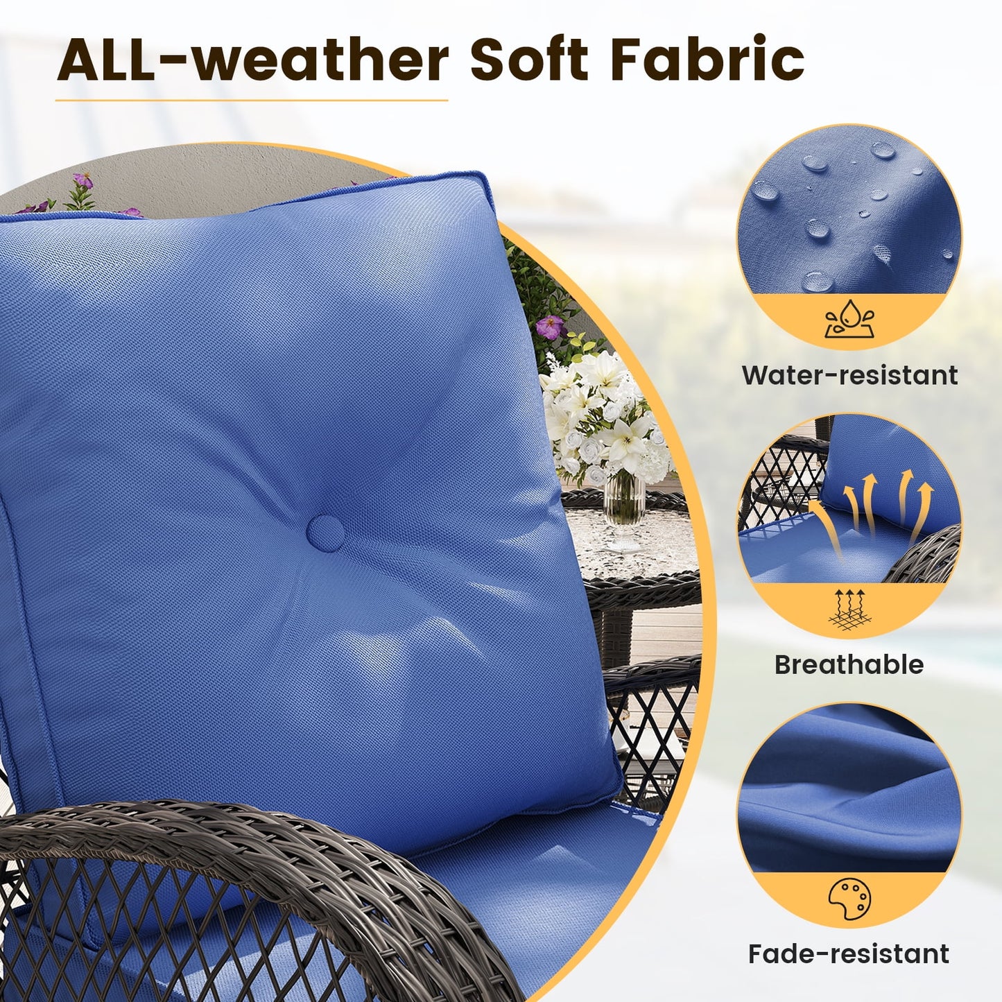 ELPOSUN 3 Pieces Patio Furniture Set, Outdoor Swivel Gliders Rocker, Wicker Patio Bistro Set with Rattan Rocking Chair, Glass Top Side Table and Thickened Cushions for Porch Deck Backyard