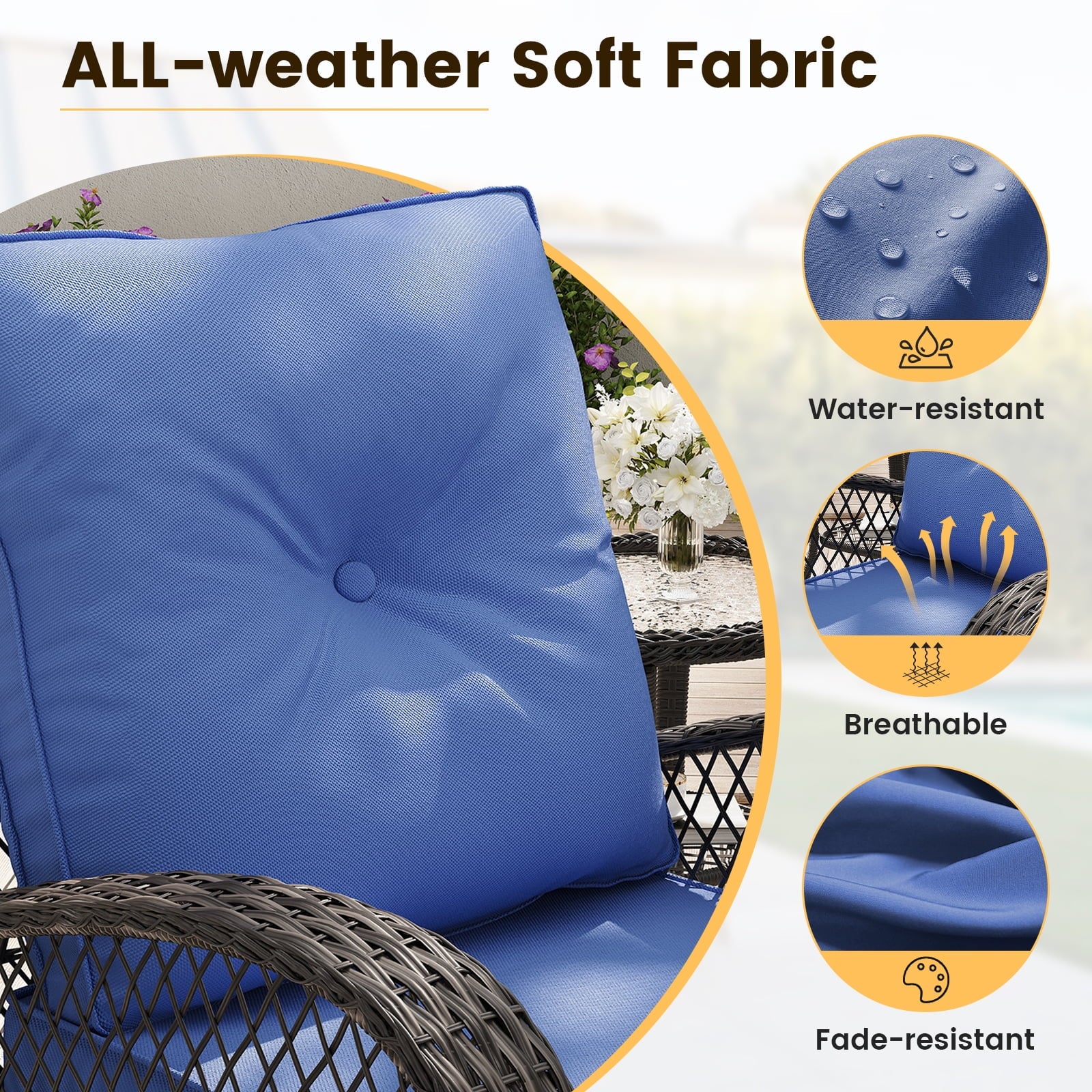 ELPOSUN 3 Pieces Patio Furniture Set, Outdoor Swivel Gliders Rocker, Wicker Patio Bistro Set with Rattan Rocking Chair, Glass Top Side Table and Thickened Cushions for Porch Deck Backyard