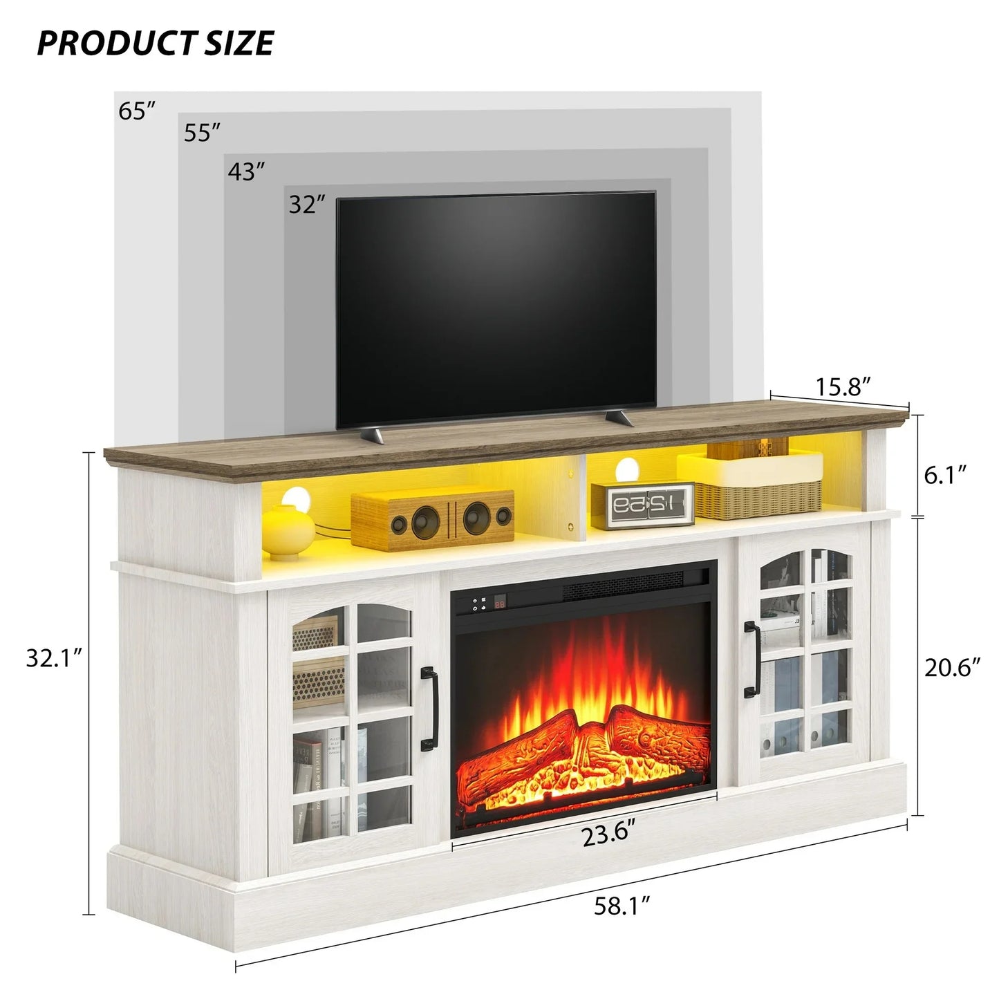 SYNGAR Fireplace Electric TV Stand for 65" TV with LED Light, Modern Entertainment Center With Remote Control Virtual Flame Fireplace, 2 Cabinet Storage, Glass Door, Storage Shelves, Brown