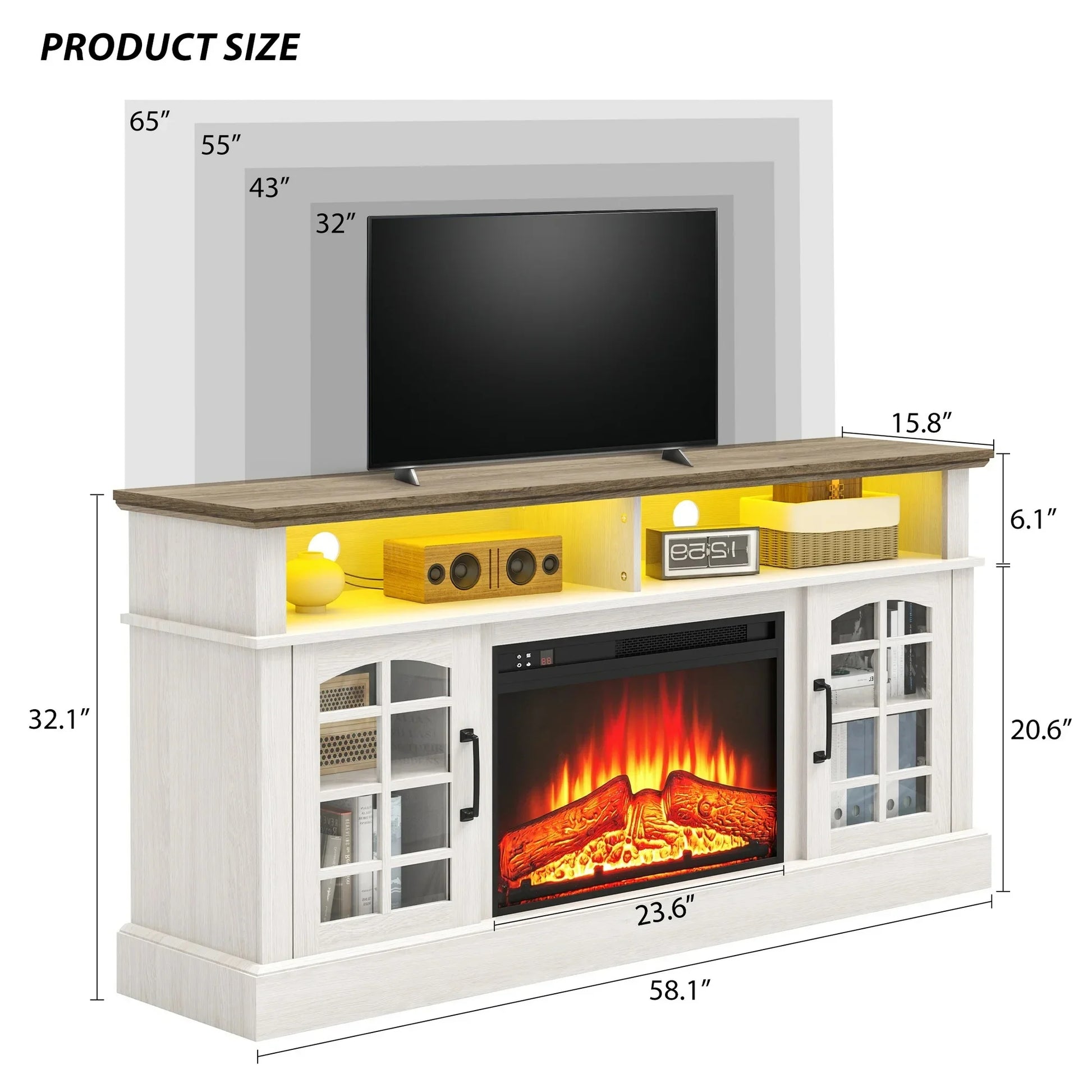 SYNGAR Fireplace Electric TV Stand for 65" TV with LED Light, Modern Entertainment Center With Remote Control Virtual Flame Fireplace, 2 Cabinet Storage, Glass Door, Storage Shelves, Brown