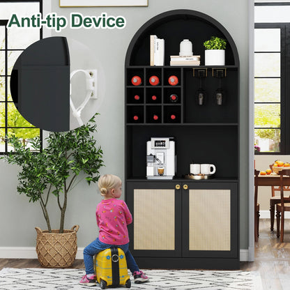 COSVALVE 71" Arched Bar Cabinet with Glass Holder, Wine Rack, Shelves, Doors, Arch Bookshelf (Black)