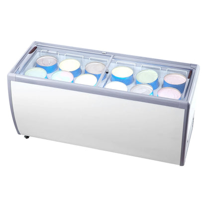KFFKFF Professional Ice Cream Showcase, 20 Cu.ft Storage Freezer, Portable Transparent Lid Deep Freezer, Diner Sorbet Serving Cabinet with 12 Spacious Tubs,Dual Slide Glass Doors,Secure Casters,White
