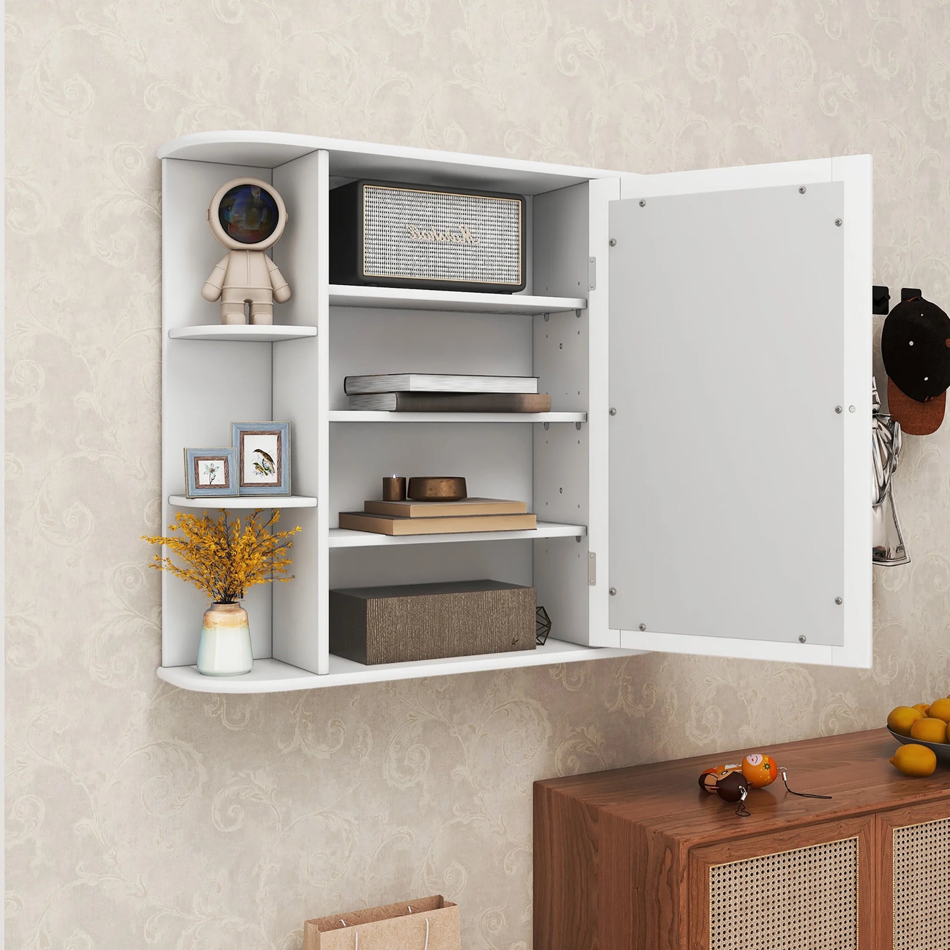 Costway, White, Medium Density Fiberboard, Multipurpose Mount Wall Surface Cabinet Mirror Glass, 26.00 x 6.50 x 23.50 Inches