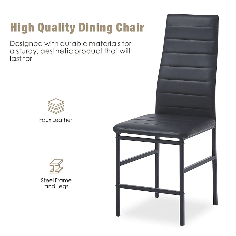 Dining Table Set for 4, 5 Piece Kitchen Table and Chairs with Black Tempered Glass Table Top and 4 Black Faux Leather Metal Frame Chairs,47.2" x 27.5" x 29.5"
