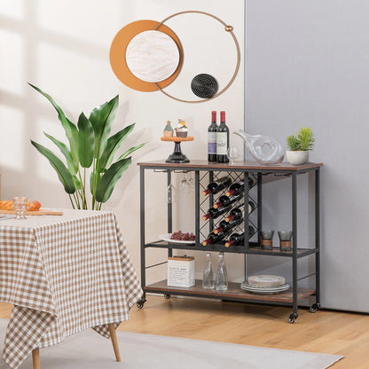 Gymax Industrial Liquor Bar Cart Rolling Kitchen Serving Cart w/Wine Rack Glass Holder