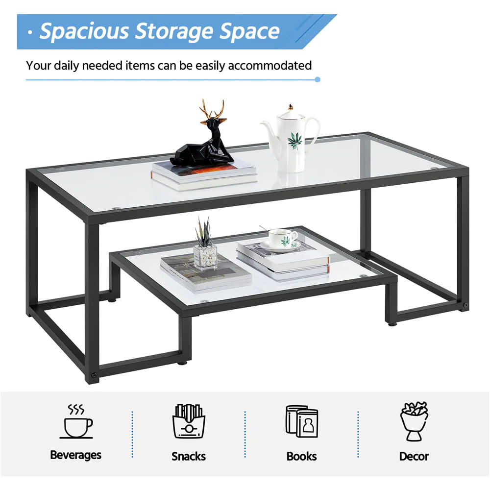 Smile Mart Modern Glass Coffee Table with Metal Frame, Black
