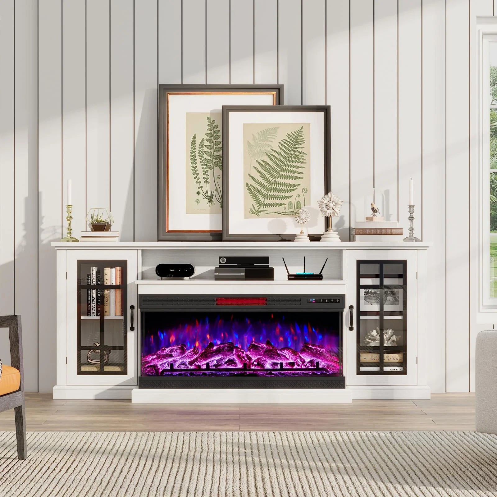 Merluxy 75in 3-Sided Glass Fireplace TV Stand for TVs up to 85", Distressed White