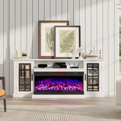 Merluxy 75in 3-Sided Glass Fireplace TV Stand for TVs up to 85", Distressed White