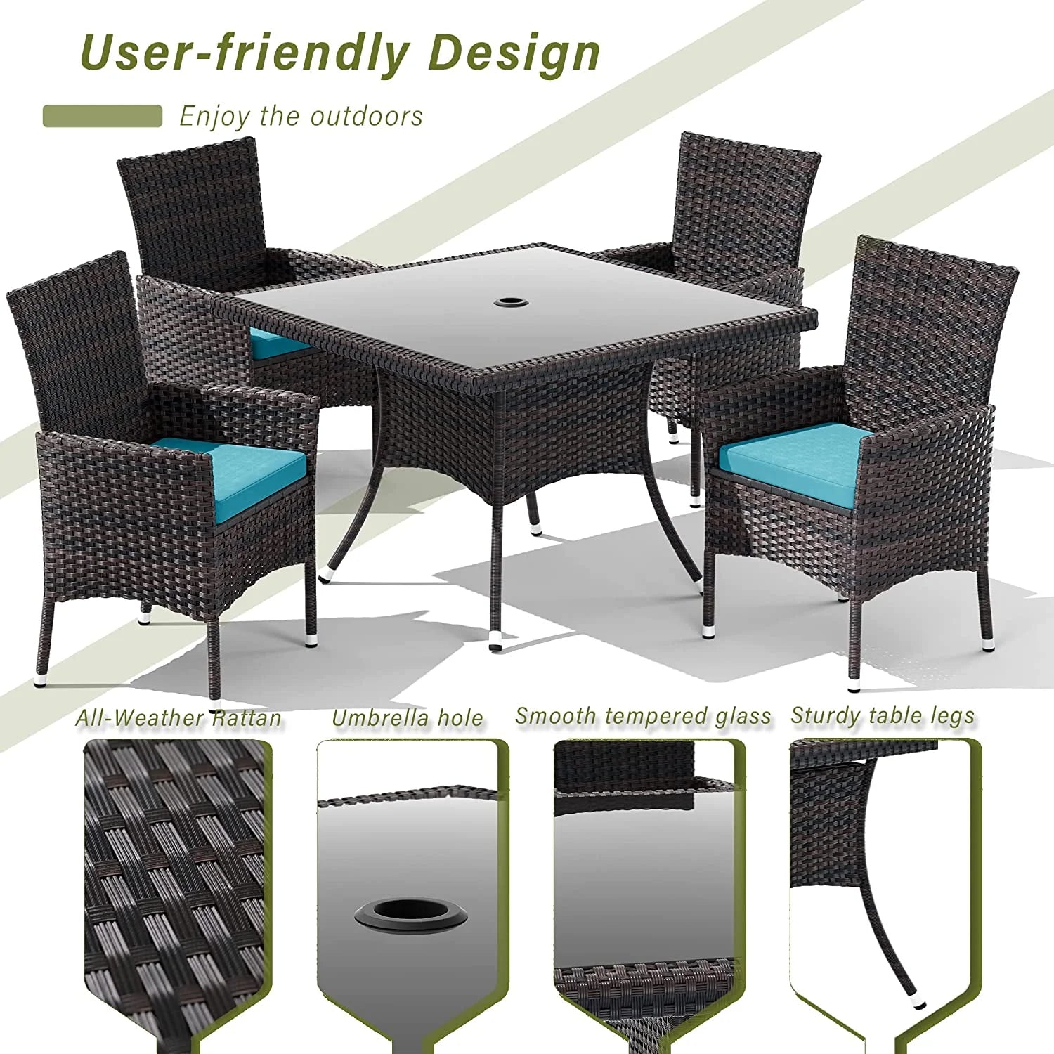ALAULM 5 Pieces Patio Dining Set Outdoor Rattan Furniture with Square Glass Tabletop 4 Chairs with Cushions for Patio, Backyard Outdoor Kitchen Lawn & Garden Blue