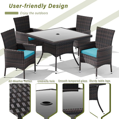 ALAULM 5 Pieces Patio Dining Set Outdoor Rattan Furniture with Square Glass Tabletop 4 Chairs with Cushions for Patio, Backyard Outdoor Kitchen Lawn & Garden Blue
