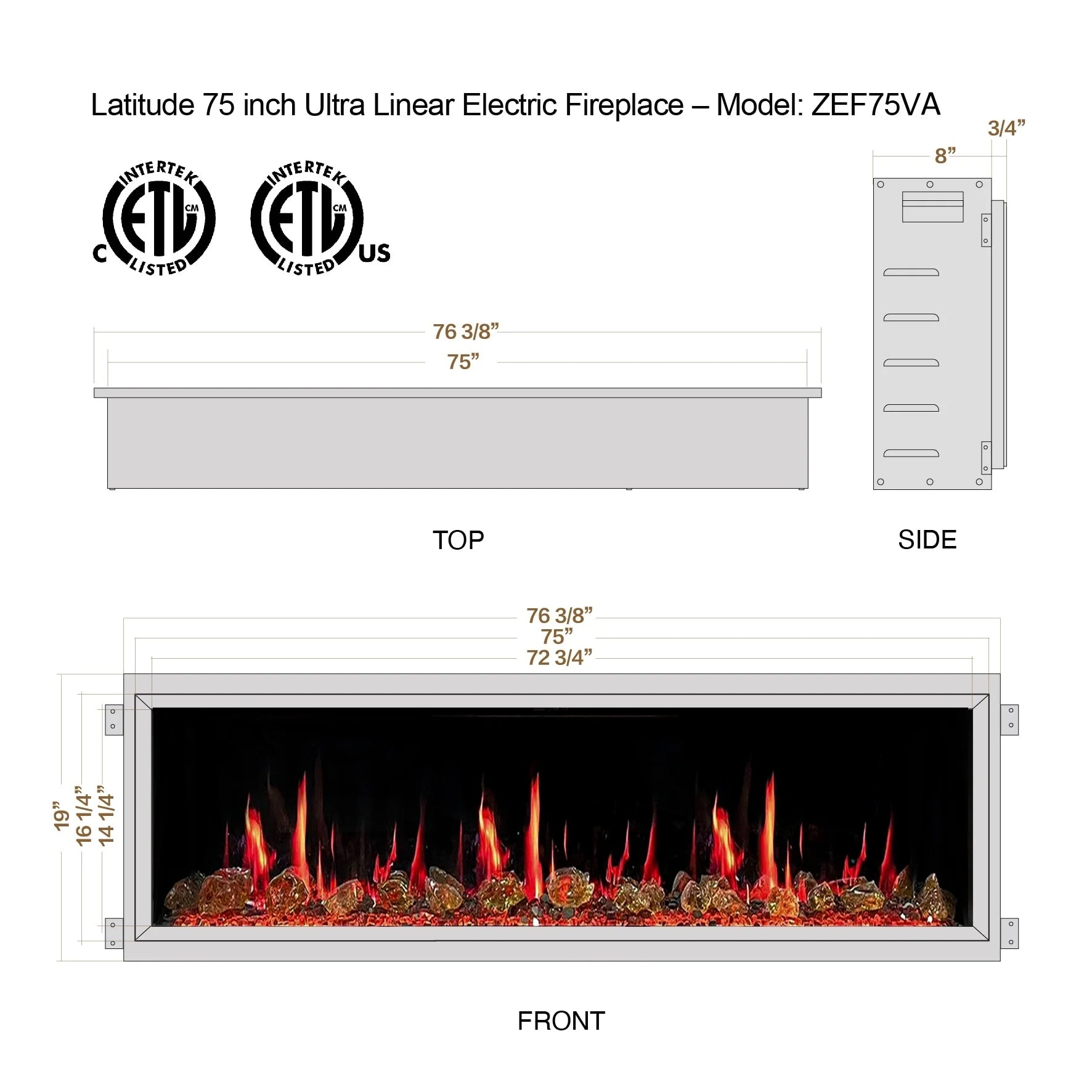 Litedeer Homes Latitude 75" Smart Electric Fireplace with App, Crackling Fire Sounds, Reflective Amber Glass, Black - ZEF75VA