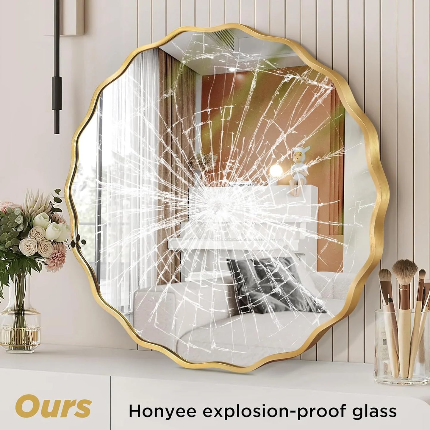 octopus Gold Round Wavy Mirror for Wall, 24"x24" Circle Scalloped Wall Mirror with Brushed Alloy Steel Frame& Shatter-Proof Glass, Hanging Decorative Mirror for Bathroom, Bedroom, Entryway