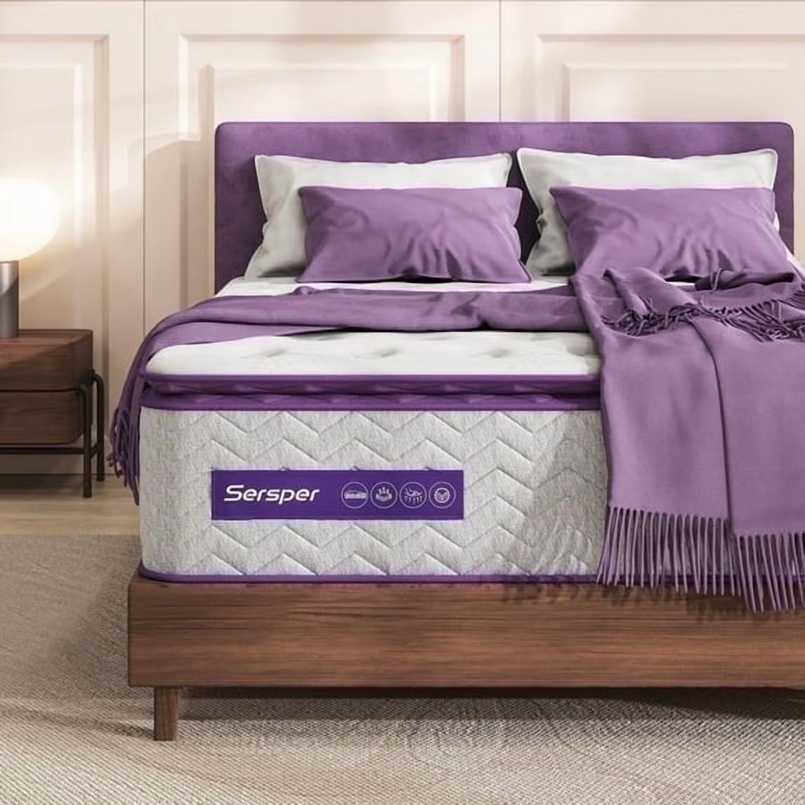 Sersper Queen Mattress, 12 Inch Pillow Top Hybrid Mattress Queen with Fiberglass Free, Gel Memory Foam, Breathable Bed Mattress for Cooler Sleep Supportive & Pressure Relief, Medium Firm