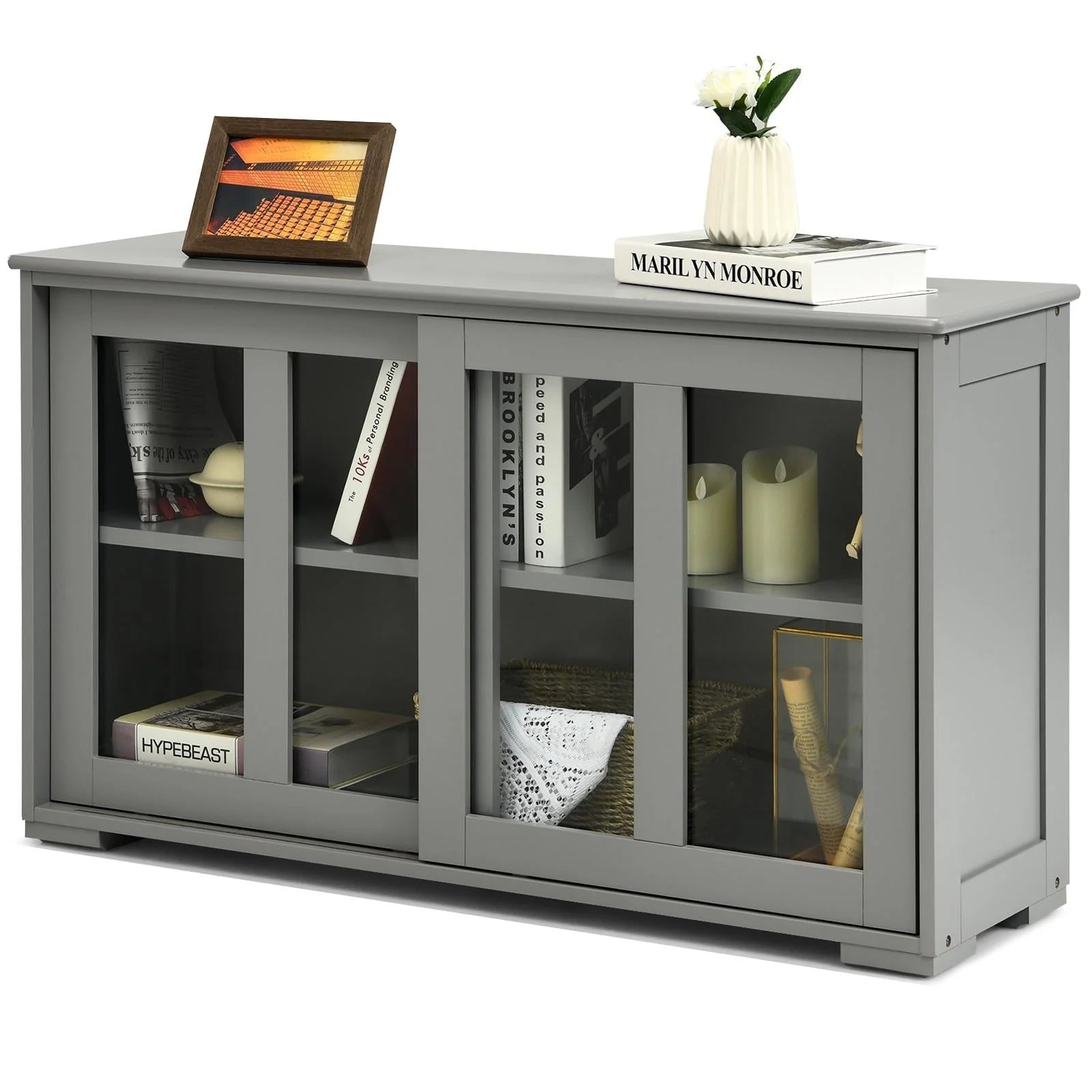 Giantex Stackable Buffet Cabinet, Kitchen Storage Cabinet with Sliding Tempered Glass Doors, Small Sideboard for Kitchen, Dining Room or Living Room, Grey