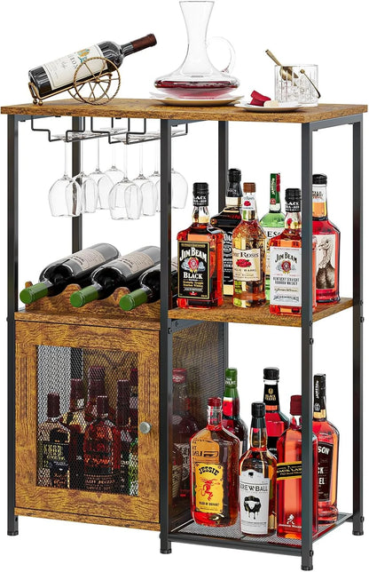 Bar Cabinet with Detachable Wine Rack, Liquor Shelf for Home Bar, Mini Bar Table with Glass Holder, Small Sideboard and Buffet with Mesh Door for Small Space, Rustic Brown