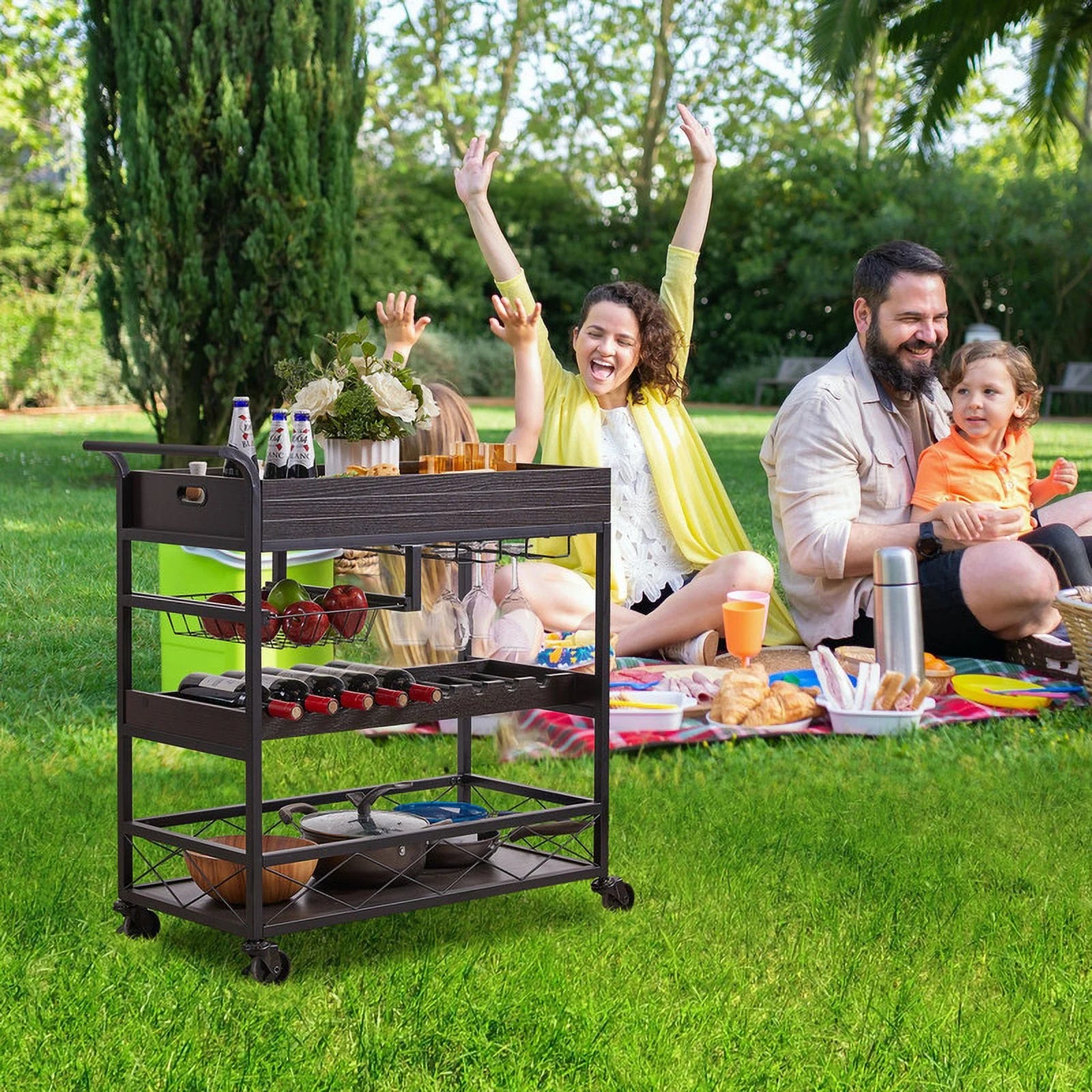 Utopia Alley KF03BZ 3 Tier Kitchen Island Cart on Lockable Wheels with Wine Rack, Glass Holder & Handle for Home