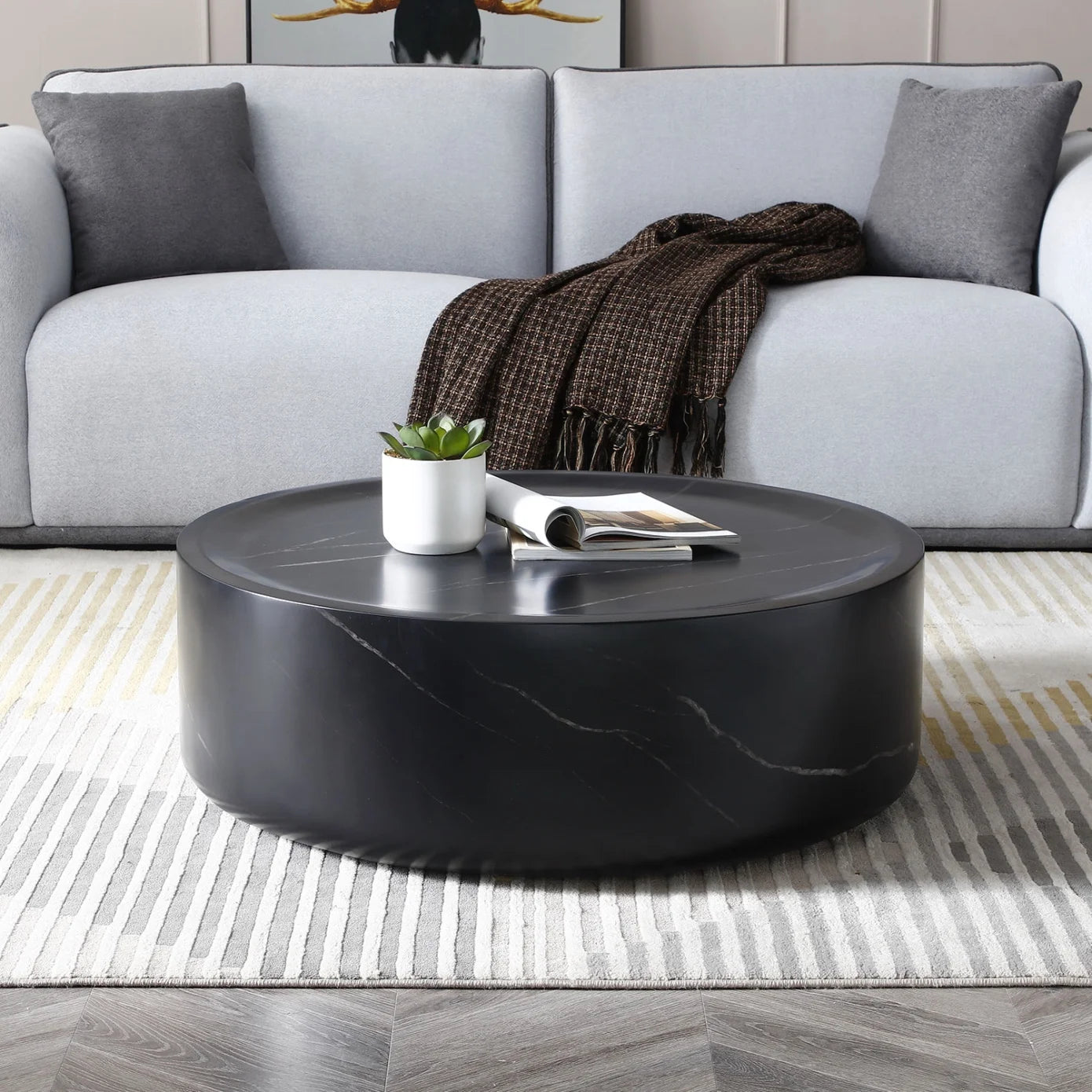 31.49'' Round Coffee Table with Marble Texture, Modern Low Drum Circle Fiberglass Coffee Table, Side Table Accent Table for Living Room, Outdoor, No Need Assembly, Marble