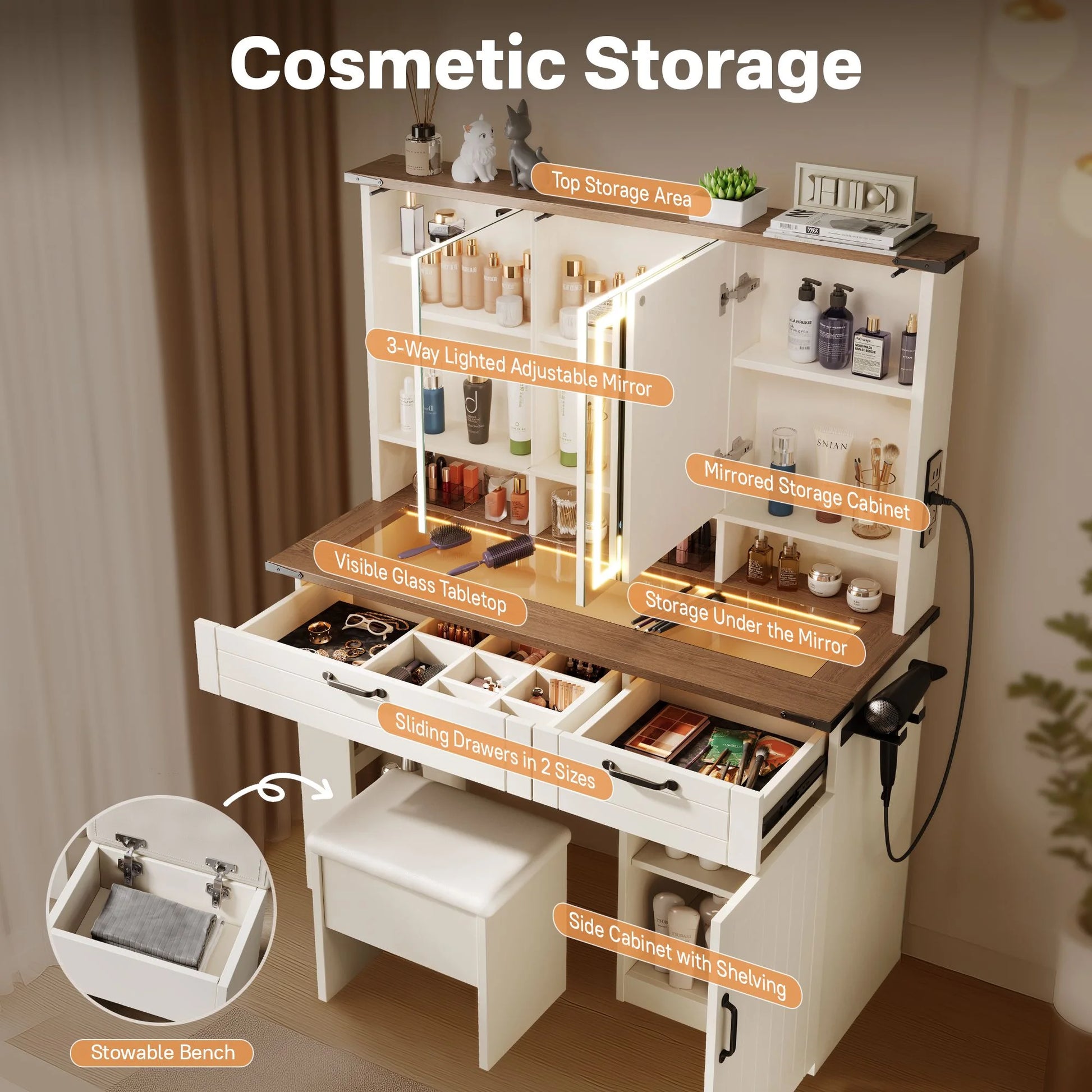 Vcatnet Vanity Table Set with Mirror and Lights Glass Top Makeup Vanity Desk with Storage Shelves and Drawers Dressing Table with LED Lights and USB Charging for Bedroom, Girls and Women