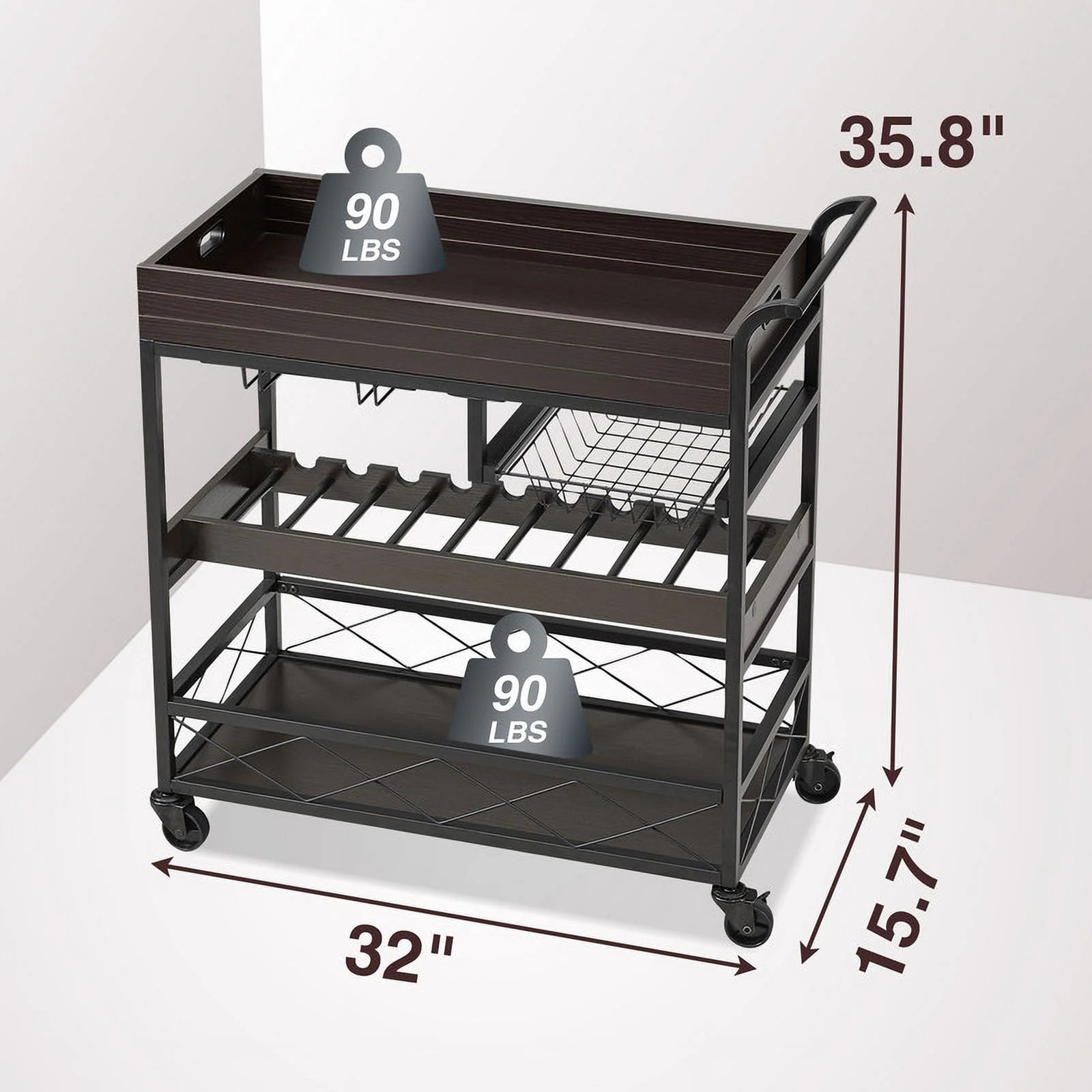 Utopia Alley KF03BZ 3 Tier Kitchen Island Cart on Lockable Wheels with Wine Rack, Glass Holder & Handle for Home