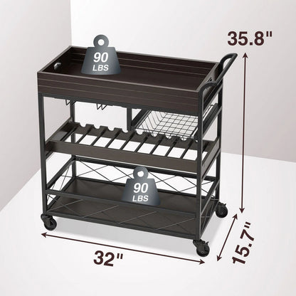 Utopia Alley KF03BZ 3 Tier Kitchen Island Cart on Lockable Wheels with Wine Rack, Glass Holder & Handle for Home