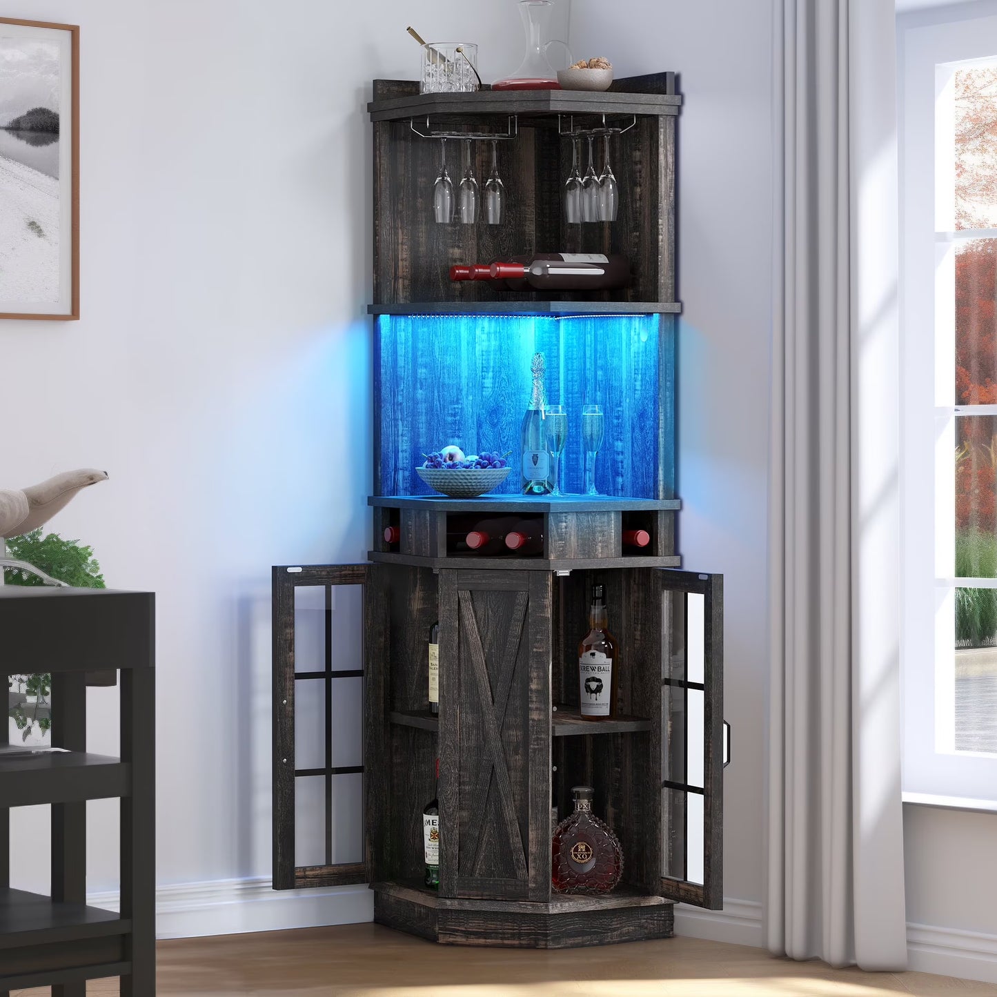 DEXTRUS 72" Corner Bar Unit, 3 Tier Freestanding Wine Bar Cabinet with LED Lights & Glass Holder & Adjustable Shelf, Black Oak